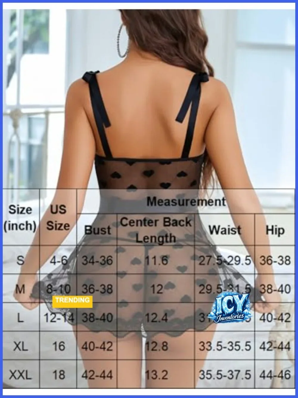 Sheer Heart Mesh Babydoll Lingerie Dress with Self-Tie Shoulder Bows and Waist